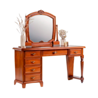 a wooden dressing table with a mirror and a vase with flowers on it png