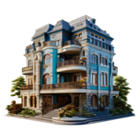a model of a house with a balcony and a modern building in the city png