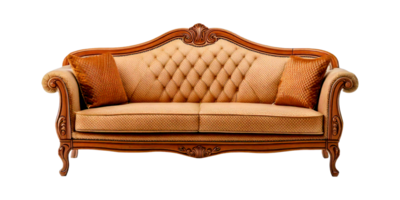 a brown sofa divan with two pillows with a wooden frame png