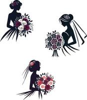 A silhouette of a bride with multi color bouquet vector