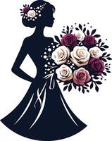 A silhouette of a bride holding a round bouquet vector