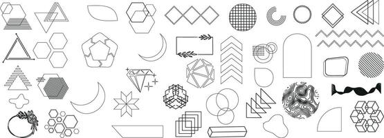 Abstract geometric shapes, modern minimalist design elements including circles, triangles, hexagons, diamonds, arrows, crescents, wavy lines, stars, grids, arches, cubes, and floral frames vector