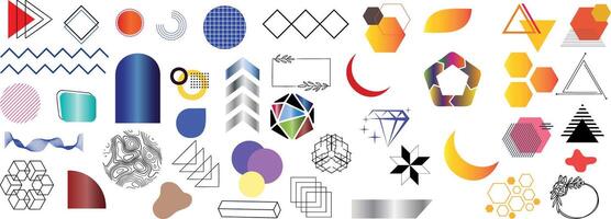 Abstract geometric shapes, vibrant hexagons, colorful diamonds, crescents, gradients, topographic patterns, arrows, and wave lines for design, backgrounds, logos, branding, and creative projects vector