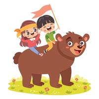 Funny Cartoon Kids Riding Bear vector