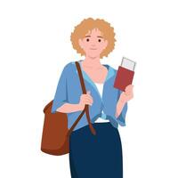 Young woman with a Suitcase and a passport with boarding pass tickets. vector