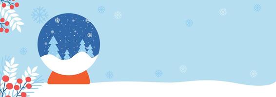 Snow globe with winter scenery, red berries, white leaves, and snowflakes on a light blue festive background, with copy space for text. . vector