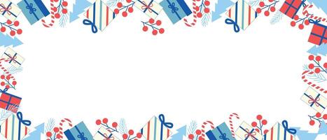 Festive Christmas border with colorful gift boxes, red berries, candy canes, and pine branches on a white background., with copy space for text. . vector