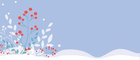 Minimalist winter illustration with red berries, white leaves, and soft snow drifts on a light blue background, with copy space for text. . vector