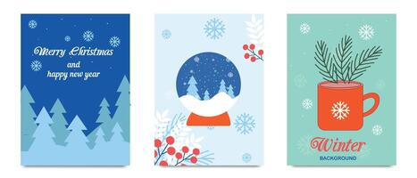 Set of three festive Christmas and winter card illustrations with trees, snowflakes, berries and mug design. . vector