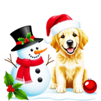 a golden retriever and snowman with christmas decorations png