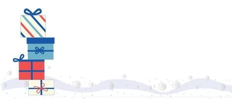 Stacked Christmas gift boxes with bows and stripes on a snowy background featuring soft hills and snowflakes, with copy space for text. . vector