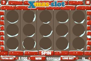 Xmas slot UI and buttons for your Christmas slot games. Stone red wall background with snow. game control panel vector