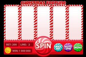 Casino slot machine in red color, game UI design, gambling mobile app concept for the Christmas or candy themed Casino Game. The Christmas slot game user interface with basic buttons vector