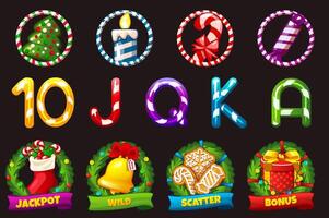 Set of 12 slot symbols Christmas theme. Christmas or winter game slot icon, casino badge set, web UI x-mas design element kit vector