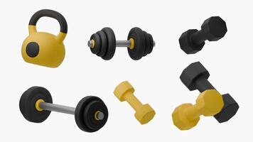 3D illustration of Cartoon dumbbells, barbells and weights on white background. Bright modern design, ideal for sports and wellness themes vector