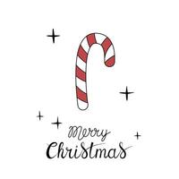 Christmas greeting card with Merry Christmas handwritten lettering and christmas candy cane on a white background. Simple design for print, social media and more vector