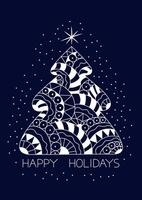 Christmas Tree with pattern and Happy Holidays handwritten lettering on a dark blue background. Simple design for print, social media and more vector
