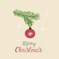 Christmas greeting card with Merry Christmas handwritten lettering and Christmas tree branch with red ball decoration on a beige background. Simple design for print, social media and more vector