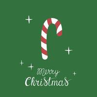 Christmas greeting card with Merry Christmas handwritten lettering and christmas candy cane on a green background. Simple design for print, social media and more vector