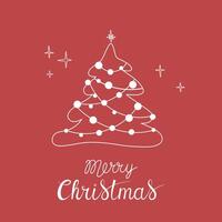 Christmas greeting card with Merry Christmas handwritten lettering and Christmas tree on a red background. Simple design for print, social media and more vector