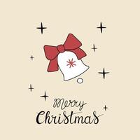 Christmas greeting card with Merry Christmas handwritten lettering and bell with ribbon on a beige background. Simple design for print, social media and more vector