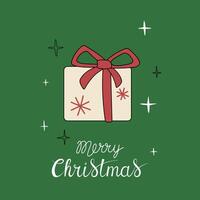 Christmas greeting card with Merry Christmas handwritten lettering and gift box on a green background. Simple design for print, social media and more vector