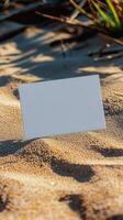 mock up blank white postcard laying in sand photo