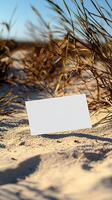 mock up blank white postcard laying in sand photo