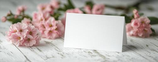 greetings card stood up on white wood table with pink flowers lying flat on table photo