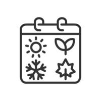 Seasonal cycle linear icon. Four seasons. Sun for summer. Sprout for spring. Snowflake for winter. Maple leaf for fall. Thin line illustration. Contour symbol. outline drawing. Editable stroke vector