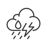 Storm linear icon. Weather forecast. Cloud with raindrops and lightning bolt. Thunderstorm. Severe weather conditions. Thin line illustration. Contour symbol. outline drawing. Editable stroke vector