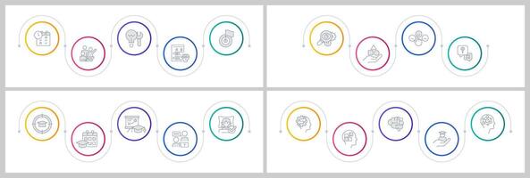 Learning strategies infographics circles set. Studying theories, education. Editable thin line icons diagrams process with steps collection vector