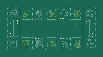 Invoicre factoring green word concept. Financial transactions, agreements. Business relations. Horizontal image. Headline text surrounded by editable outline icons vector