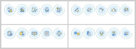 Product lifecycle infographics set. Asset management, customer service. Flow charts infocharts with steps. Editable info graphics icons collection vector