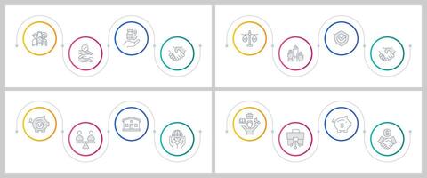 Social equality infographics circles set. Multicultural acceptance, remote work. Editable thin line icons diagrams process with steps collection vector