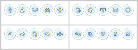 Market economy infographics set. Business management. Customer service. Flow charts infocharts with steps. Editable info graphics icons collection vector