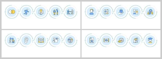 Skills development infographics set. Language learning, conflict resolution. Flow charts infocharts with steps. Editable info graphics icons collection vector