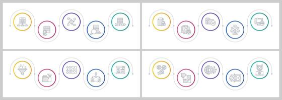 Machine learning infographics circles set. Data management, cybersecurity. Business automation. Editable thin line icons diagrams process with steps collection vector