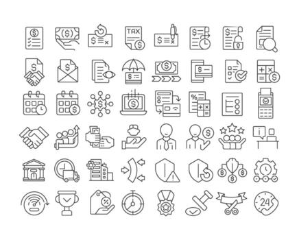 Factoring linear icons set. Invoicing, payment collection, funding, credit protection, and customer service. Customizable thin line symbols. Isolated outline illustrations. Editable stroke vector