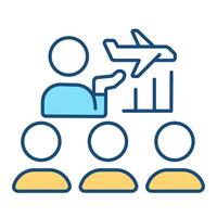 Aircraft crew teaching RGB color icon. Professional pilot training, learning. Airplane personnel, teamwork. Isolated illustration. Simple filled line drawing. Editable stroke vector