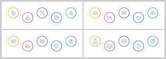 Business efficiency management infographics circles set. Workflow organization, productivity. Editable thin line icons diagrams process with steps collection vector