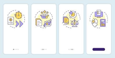 Financial close benefits onboarding mobile app screen. Walkthrough 4 steps editable graphic instructions with linear concepts. UI, UX, GUI template vector