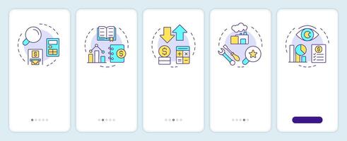 MonthEnd close checklist onboarding mobile app screen. Walkthrough 5 steps editable graphic instructions with linear concepts. UI, UX, GUI template vector