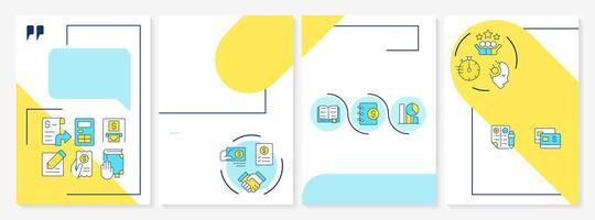 Financial close compliance blue and yellow brochure template. Leaflet design with linear icons. Editable 4 layouts for presentation, annual reports vector