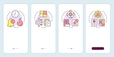 Financial close challenges onboarding mobile app screen. Walkthrough 4 steps editable graphic instructions with linear concepts. UI, UX, GUI template vector
