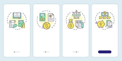 Financial statements onboarding mobile app screen. Walkthrough 4 steps editable graphic instructions with linear concepts. UI, UX, GUI template vector