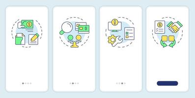 Financial close solutions onboarding mobile app screen. Walkthrough 4 steps editable graphic instructions with linear concepts. UI, UX, GUI template vector
