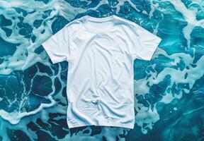 White t-shirt on water texture. Cotton tshirt in pool background. Mockup blank fashion design. Empty mock up cloth collection. Casual blank shirt textile photo