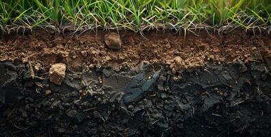 Soil layers, clay mud earth. Natural brown land background. Horizontal dirt ground cross section. Outdoors pattern. Geology surface, environment underground texture photo