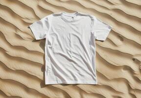 White t-shirt on sand texture. Cotton tshirt in nature coastline background. Mockup blank fashion desert design. Casual blank shirt textile. Empty mock up cloth collection photo